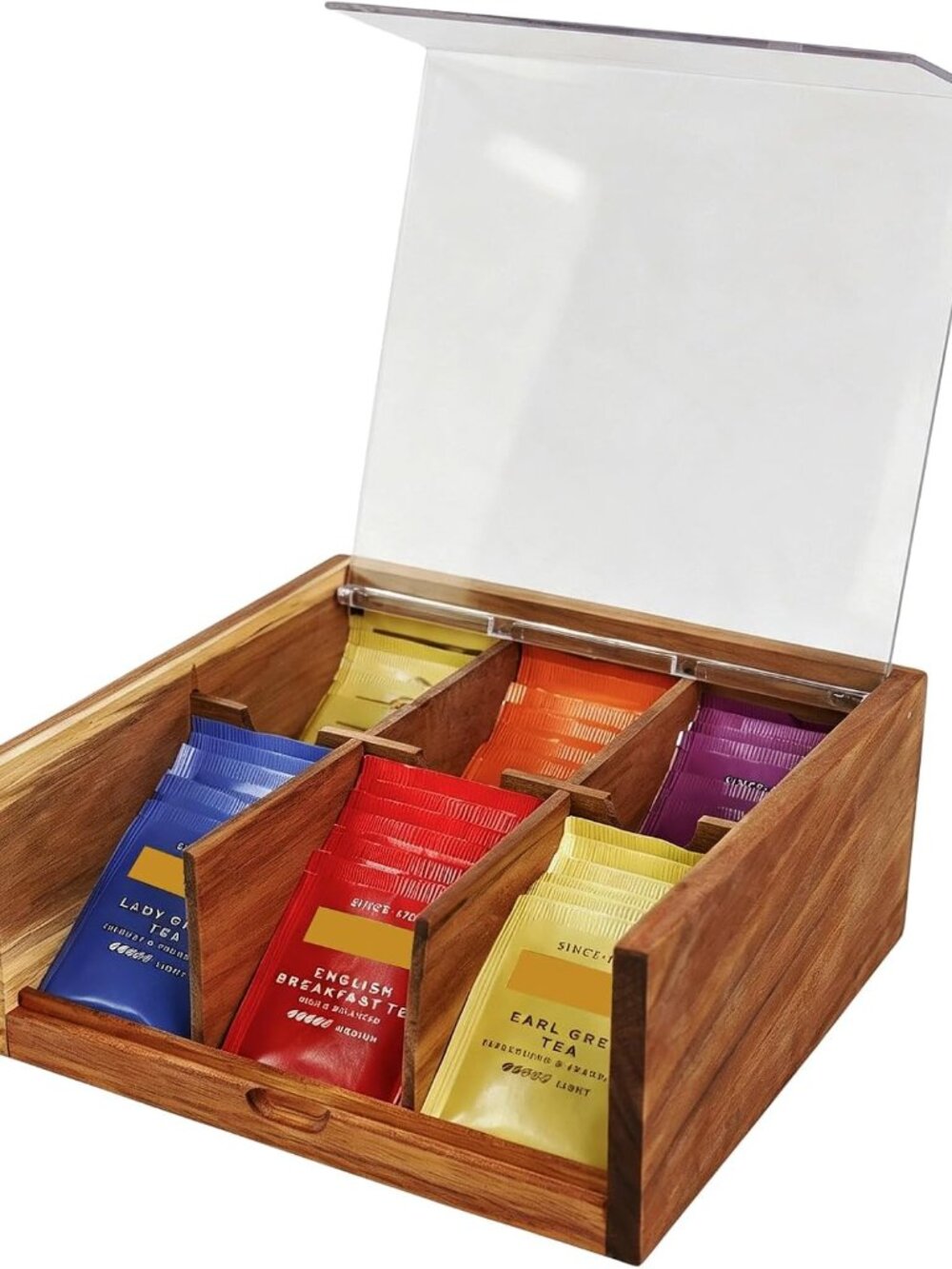 Acacia Wood Tea Bag Organizer Storage Box with 6 Compartments